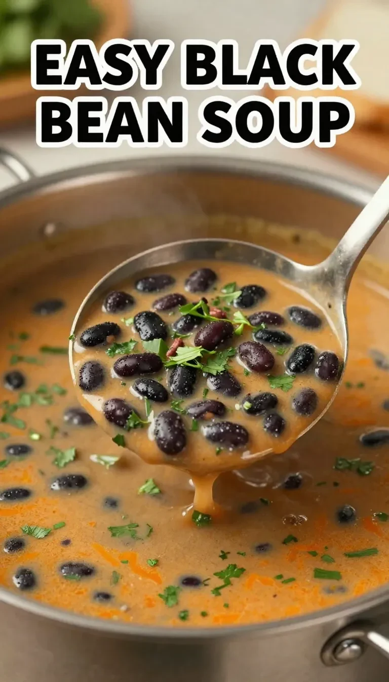A steaming bowl of black bean soup garnished with cilantro and lime slices
