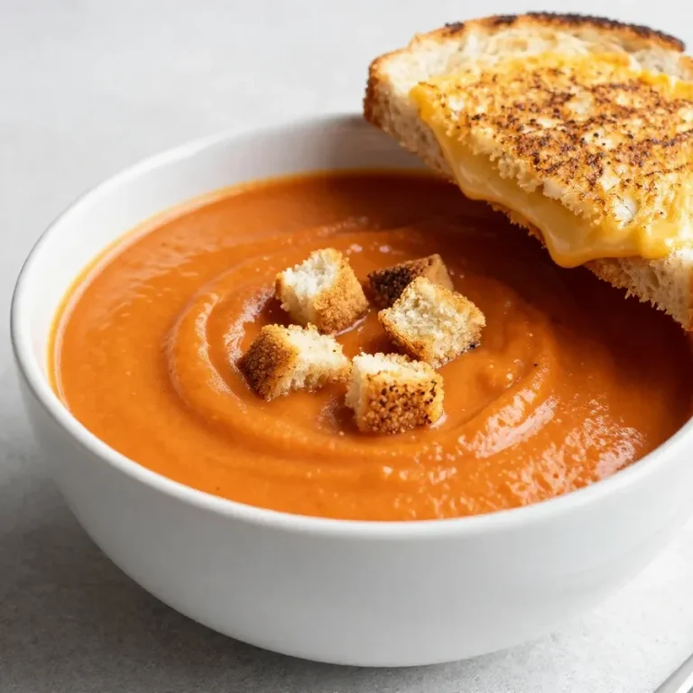 A bowl of creamy tomato soup garnished with fresh basil leaves