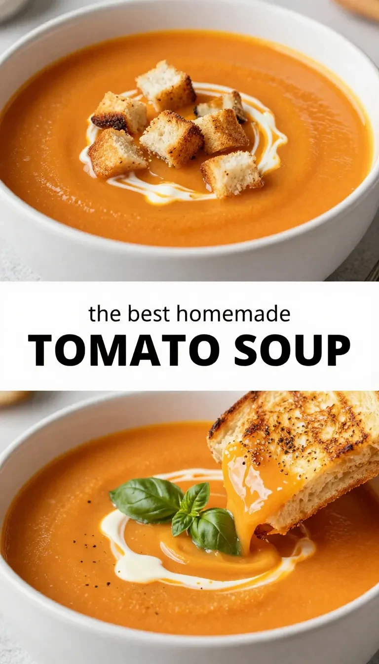 A bowl of creamy tomato soup garnished with fresh basil leaves