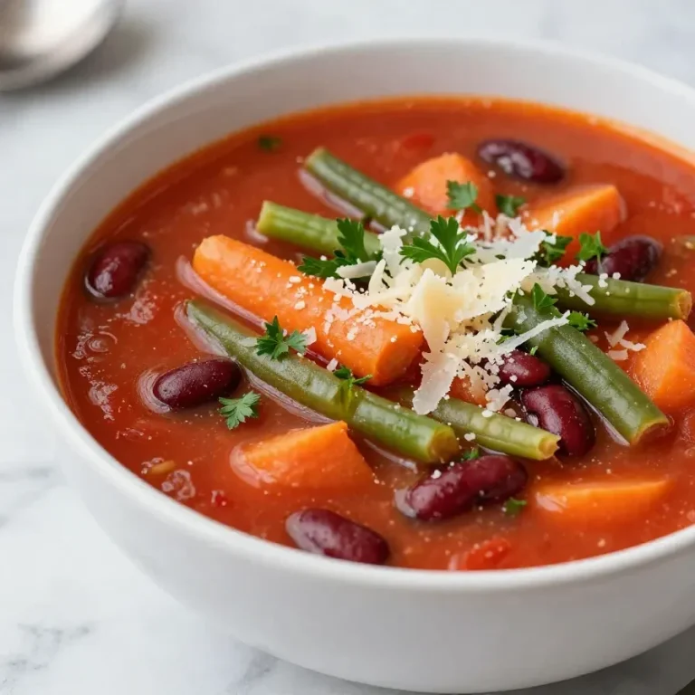 A bowl of hearty minestrone soup filled with vegetables and pasta