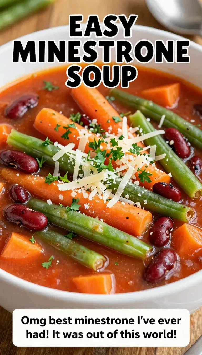 A bowl of hearty minestrone soup filled with vegetables and pasta