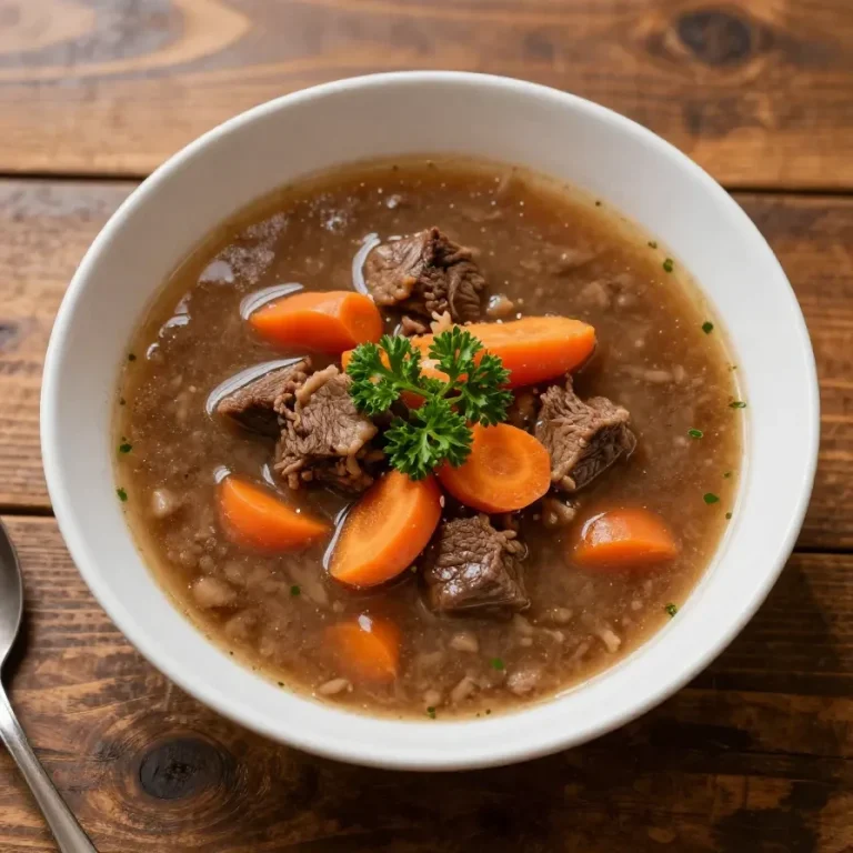 A bowl of hearty beef barley soup garnished with fresh parsley