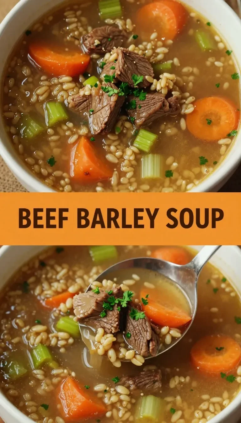 A bowl of hearty beef barley soup garnished with fresh parsley