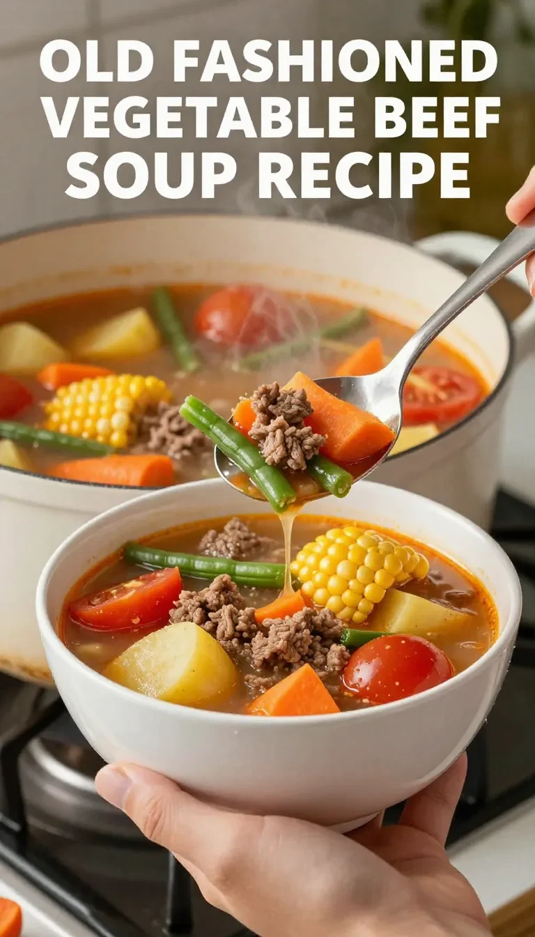 A steaming bowl of vegetable beef soup filled with colorful vegetables and tender beef chunks