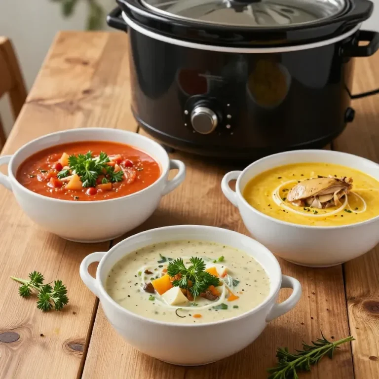A variety of slow cooker soups in bowls, perfect for chilly nights