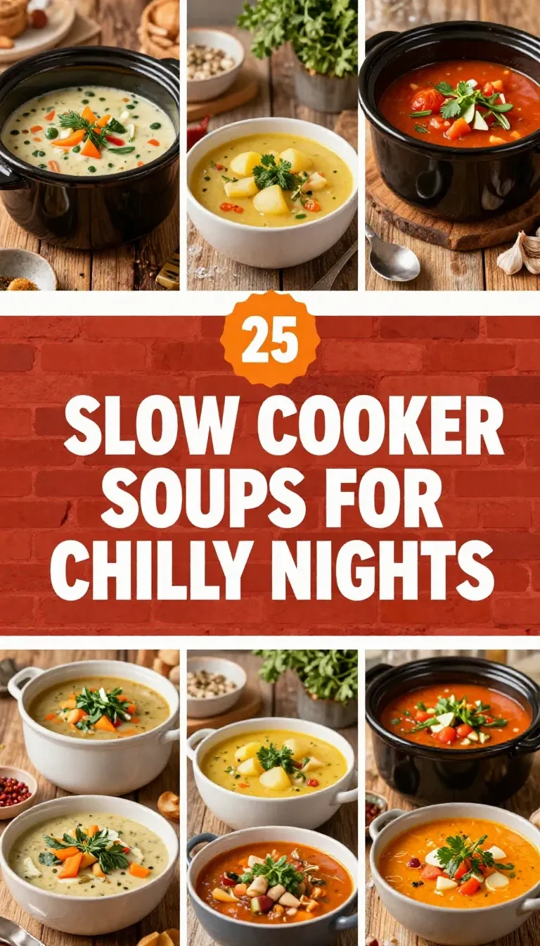 A variety of slow cooker soups in bowls, perfect for chilly nights
