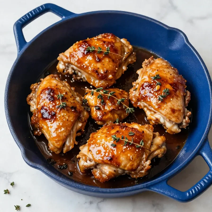 A plate of braised chicken thighs garnished with apple slices and herbs