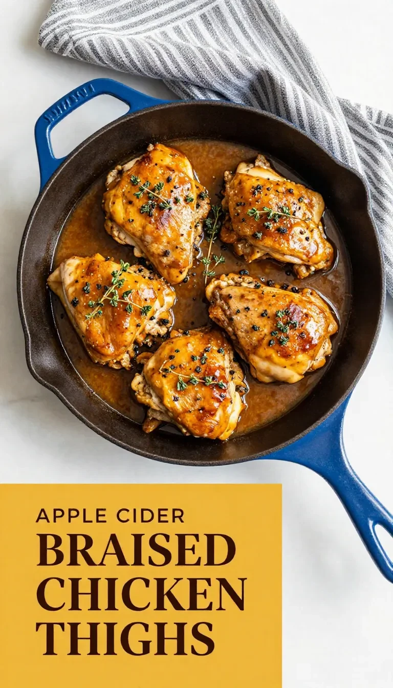 A plate of braised chicken thighs garnished with apple slices and herbs