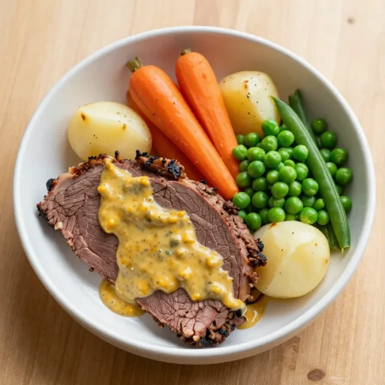 A slow cooker filled with corned silverside, vegetables, and spices