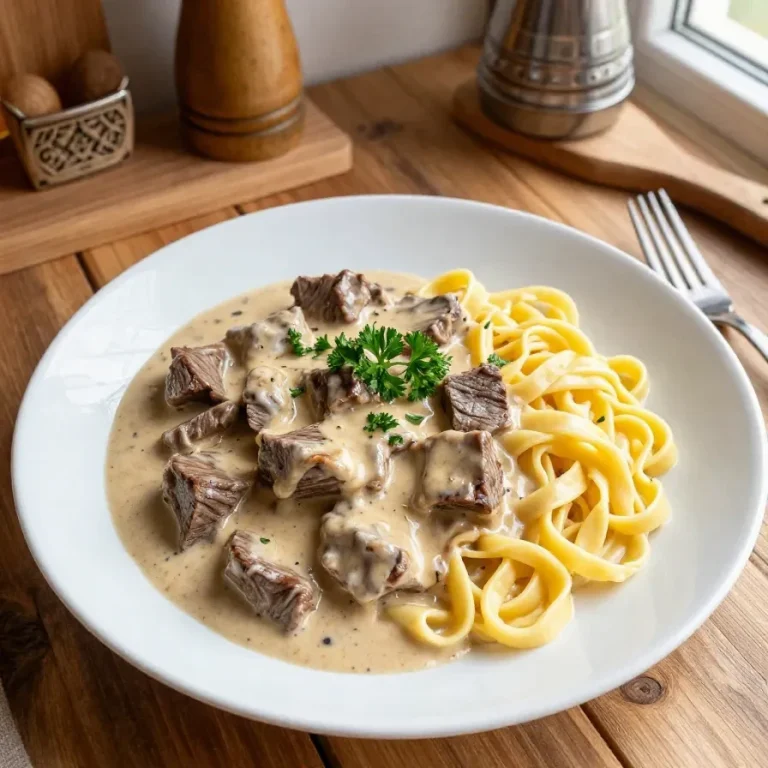A delicious bowl of slow cooker beef stroganoff topped with fresh parsley