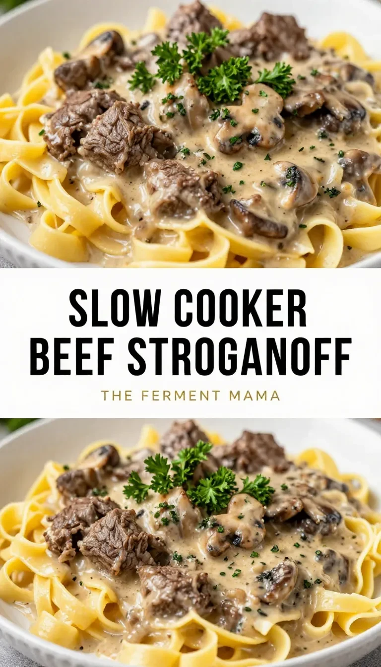 A delicious bowl of slow cooker beef stroganoff topped with fresh parsley