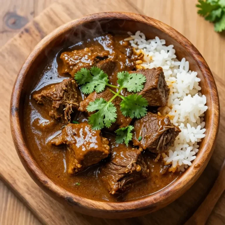 Slow-cooker Indian beef A bowl of slow-cooked Indian beef curry garnished with fresh cilantro