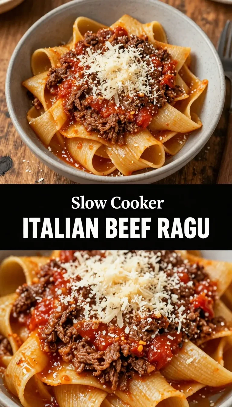 A bowl of slow cooker pulled beef ragu served with pasta