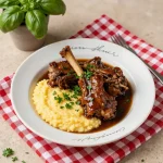 A delicious plate of slow cooker lamb shanks served over creamy polenta, garnished with fresh herbs.