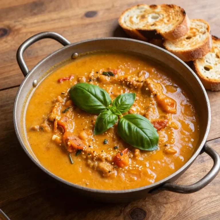 A bowl of creamy vegan tomato white bean stew garnished with fresh herbs