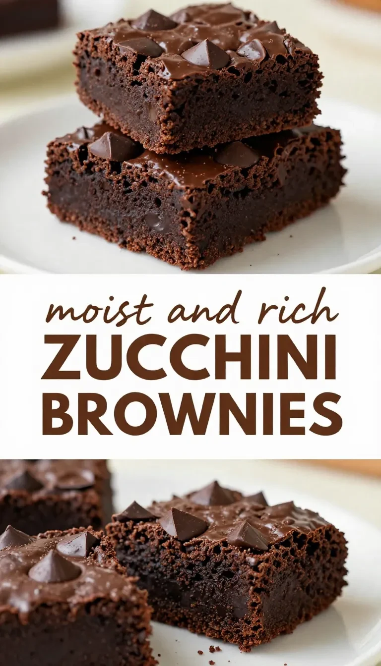 Deliciously moist zucchini brownies topped with chocolate frosting on a wooden table