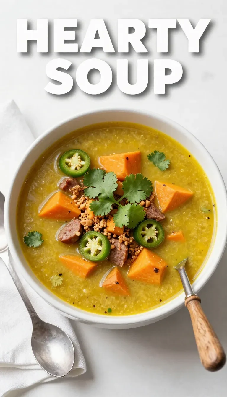 A bowl of Chili Verde with sausage and pumpkin garnished with cilantro