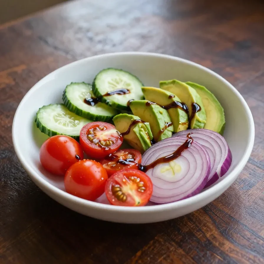 Fresh balsamic cucumber tomato salad in a bowl