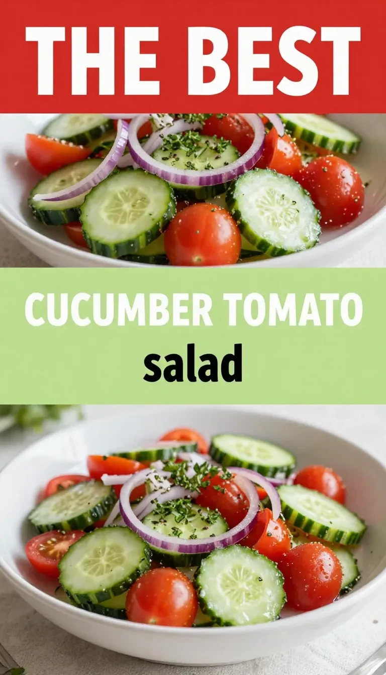 A vibrant cucumber and tomato salad served in a bowl with fresh herbs