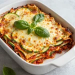 A delicious serving of easy zucchini lasagna topped with melted cheese and fresh basil