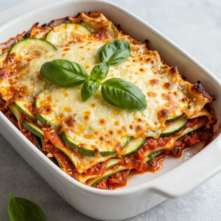 A delicious serving of easy zucchini lasagna topped with melted cheese and fresh basil