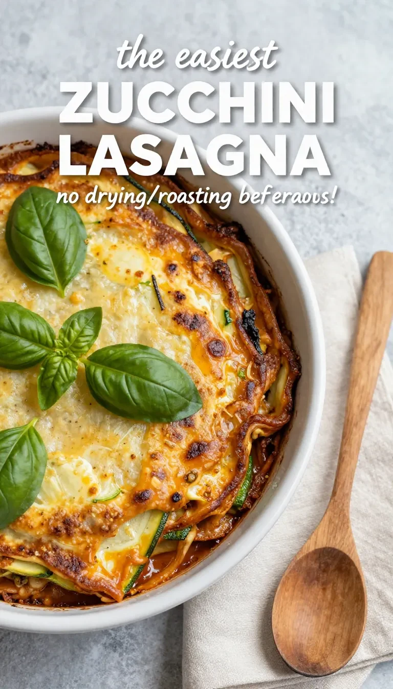 A delicious serving of easy zucchini lasagna topped with melted cheese and fresh basil