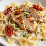 A delicious plate of creamy garlic parmesan chicken pasta topped with parsley