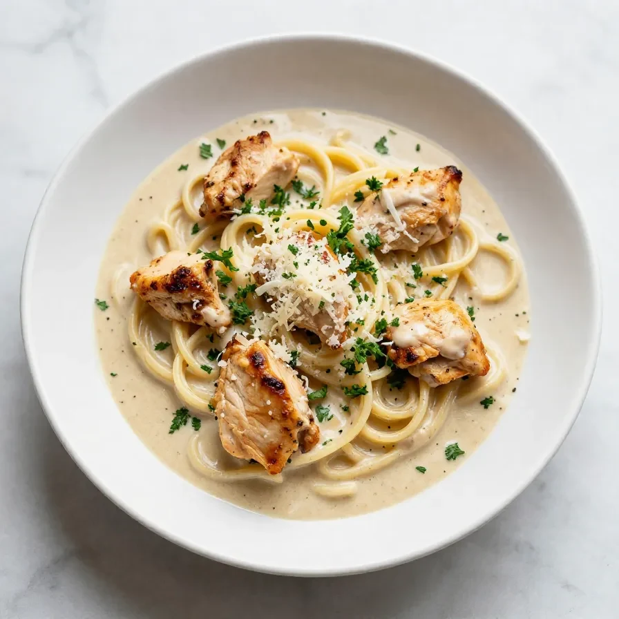 A delicious plate of creamy garlic chicken pasta garnished with parsley