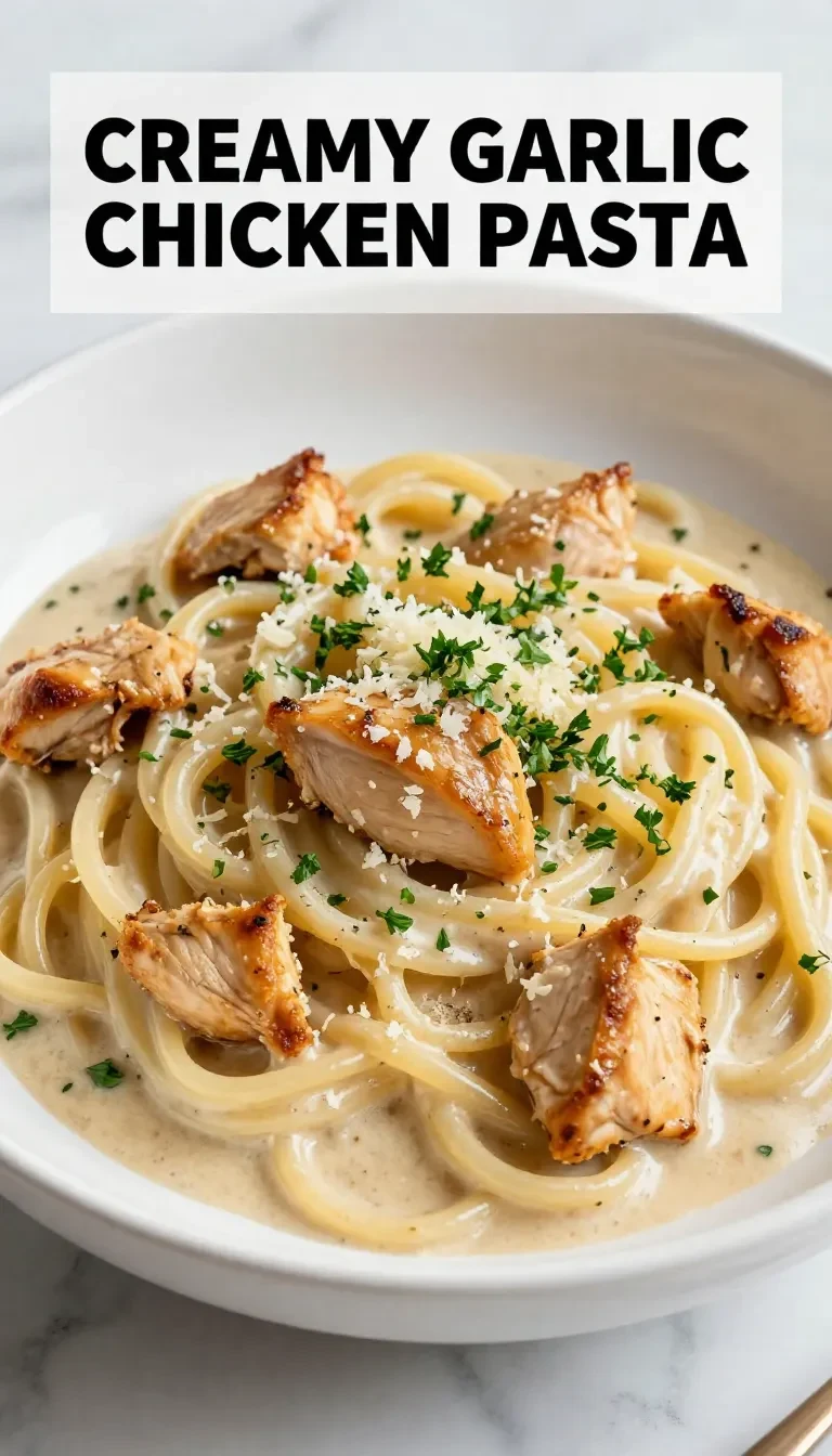 A delicious plate of creamy garlic chicken pasta garnished with parsley