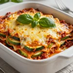 A delicious cheesy keto zucchini lasagna served on a plate with a fork