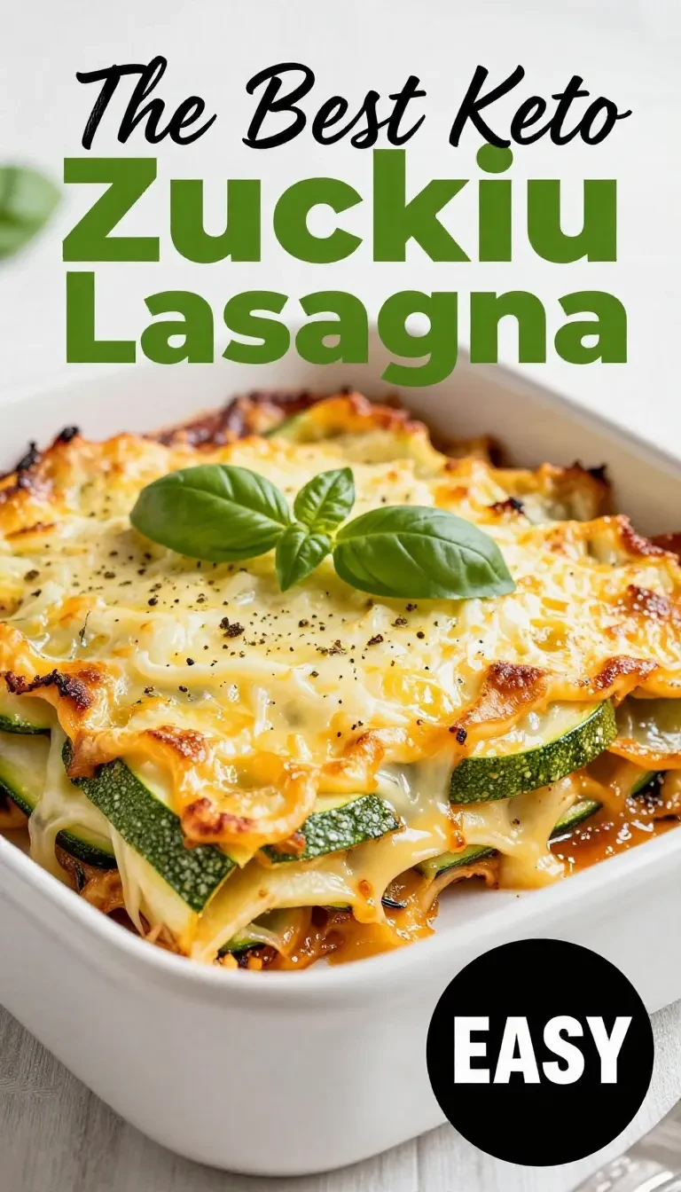 A delicious cheesy keto zucchini lasagna served on a plate with a fork