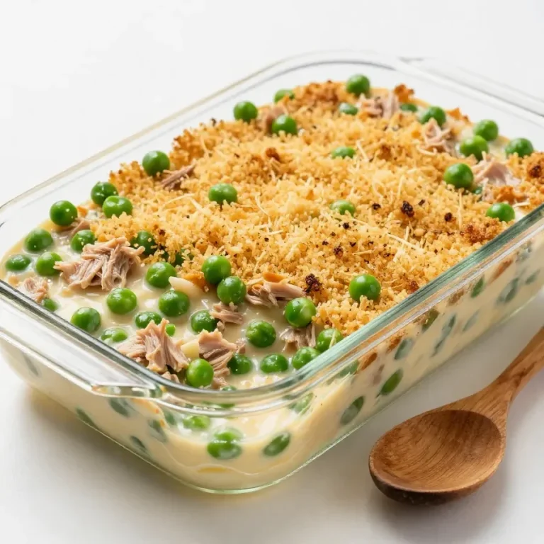 A delicious tuna noodle casserole topped with golden breadcrumbs and parsley