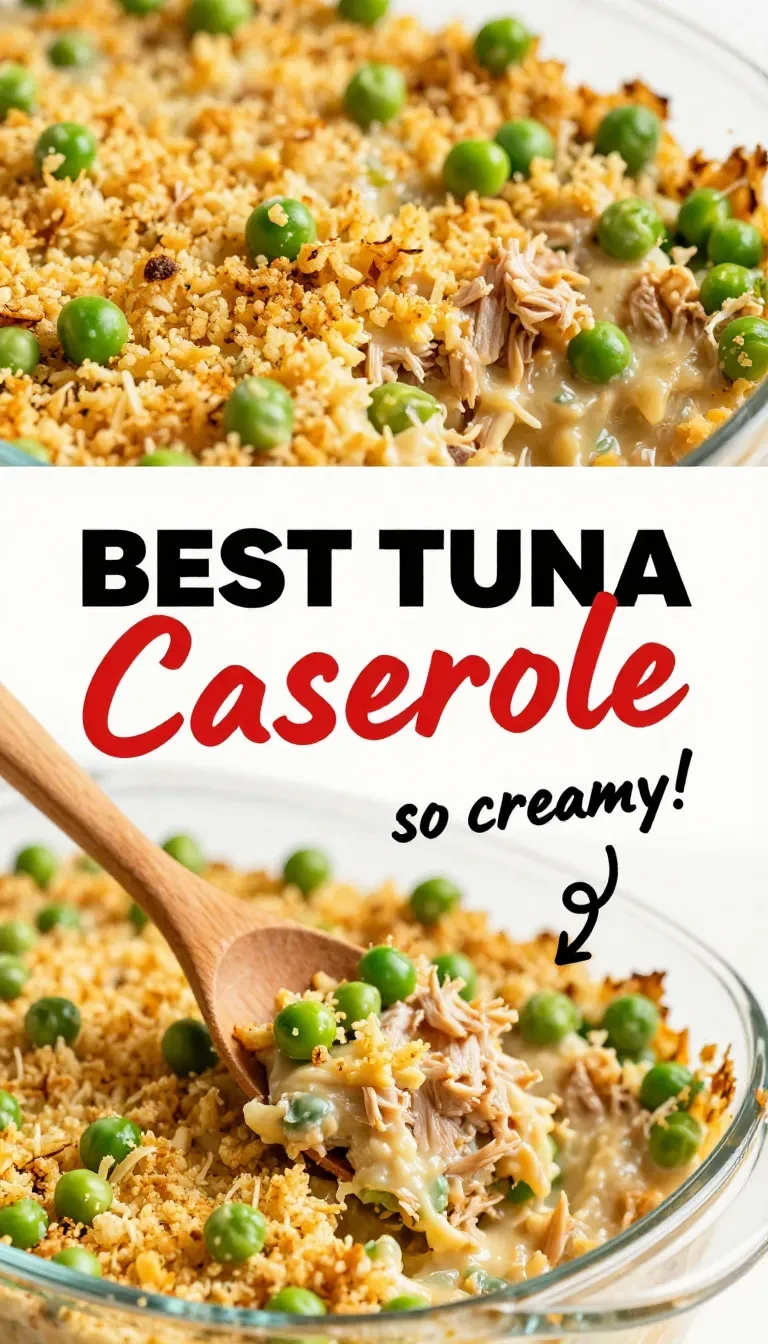 A delicious tuna noodle casserole topped with golden breadcrumbs and parsley