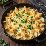 A creamy garlic parmesan pasta bake topped with melted cheese and fresh parsley