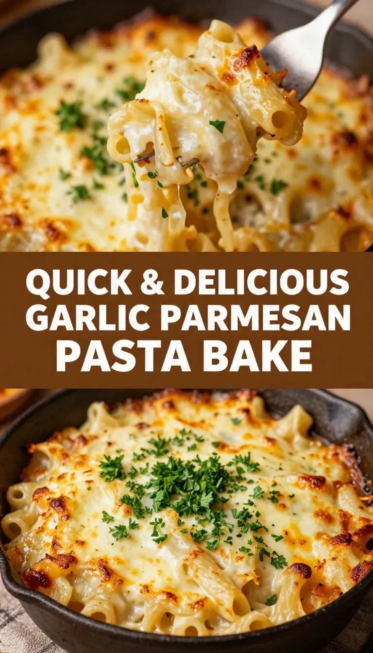 A creamy garlic parmesan pasta bake topped with melted cheese and fresh parsley