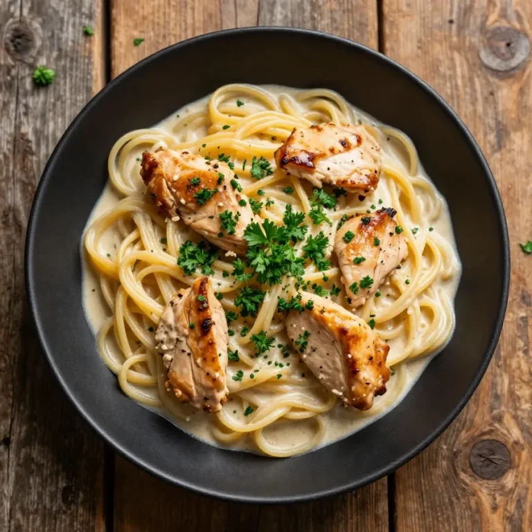 A plate of creamy garlic butter chicken served with rigatoni pasta in a rich Parmesan sauce