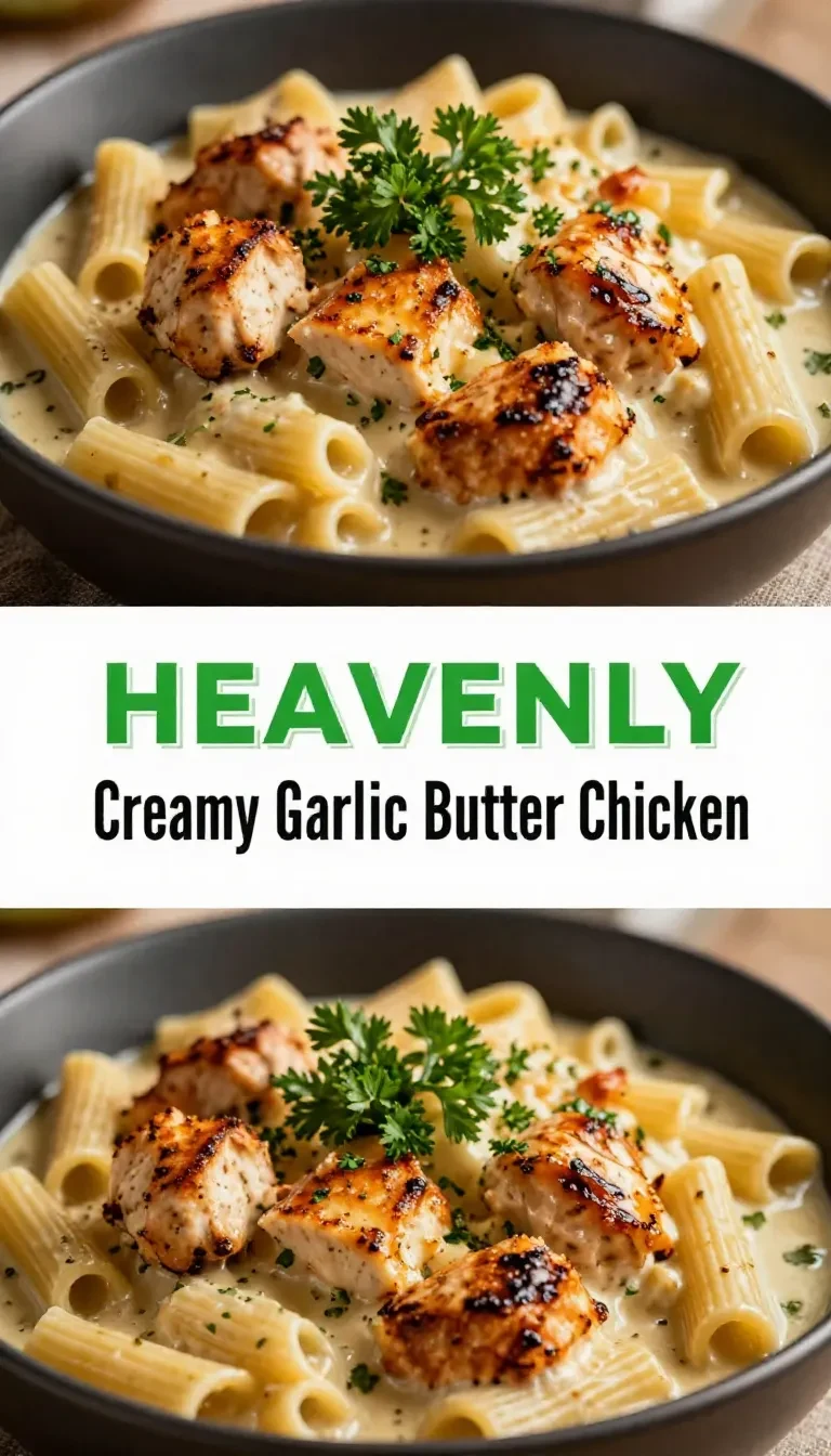 A plate of creamy garlic butter chicken served with rigatoni pasta in a rich Parmesan sauce