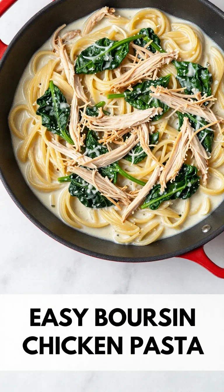 A creamy Boursin chicken pasta dish garnished with fresh parsley