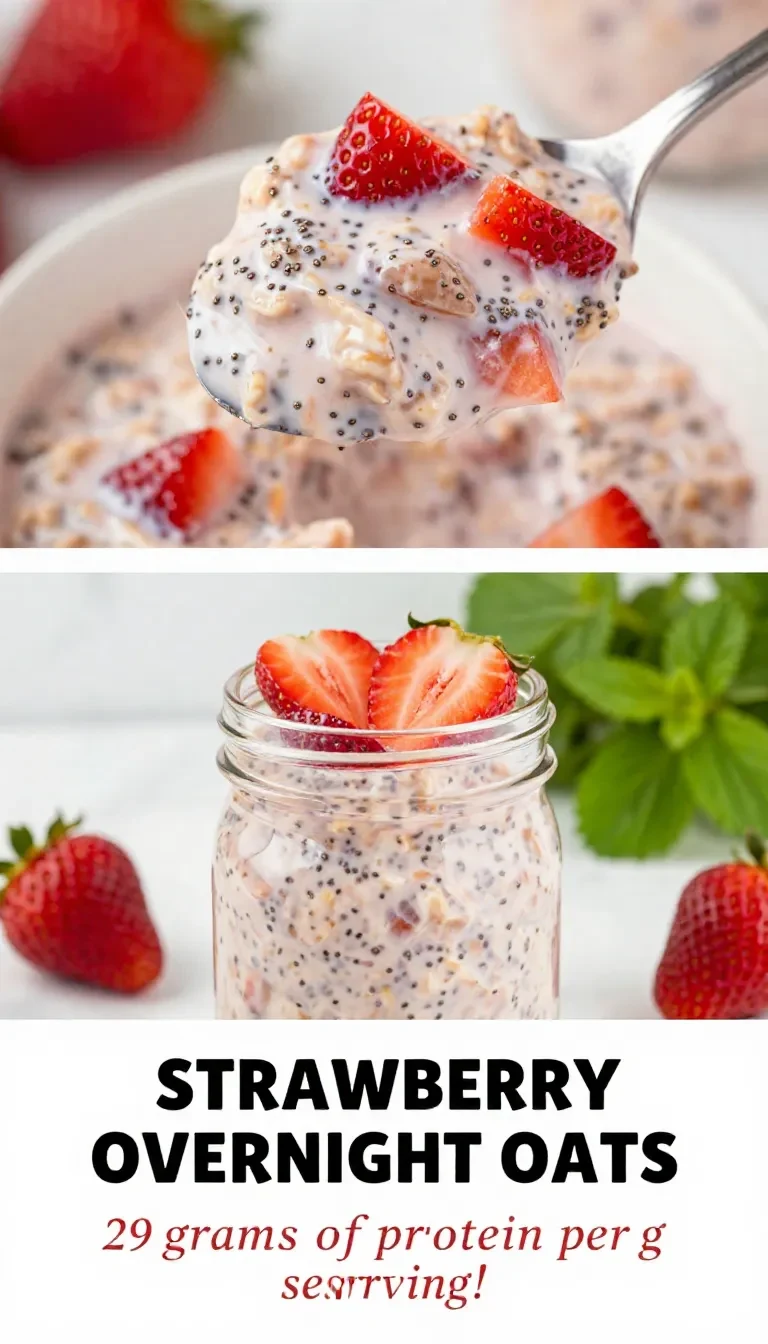 A bowl of high protein strawberry overnight oats topped with fresh strawberries and nuts