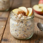 A bowl of high protein apple cinnamon overnight oats topped with fresh apple slices and a sprinkle of cinnamon
