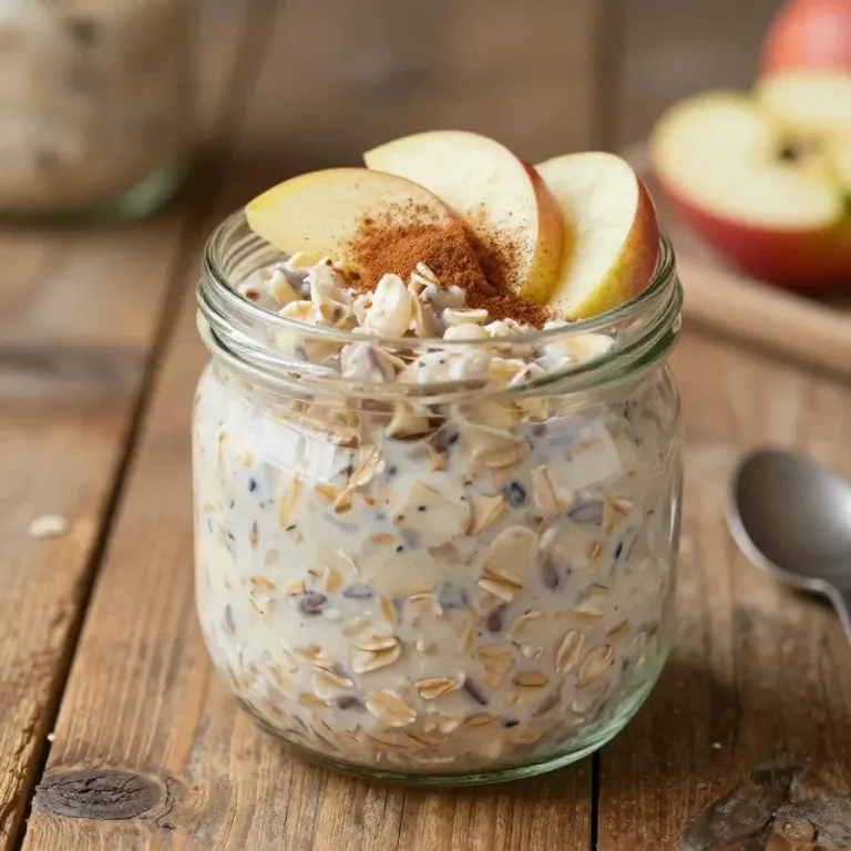 A bowl of high protein apple cinnamon overnight oats topped with fresh apple slices and a sprinkle of cinnamon