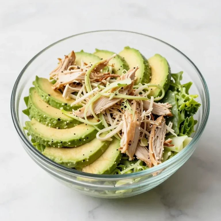 Avocado Chicken Salad Recipe A bowl of fresh avocado chicken salad garnished with herbs