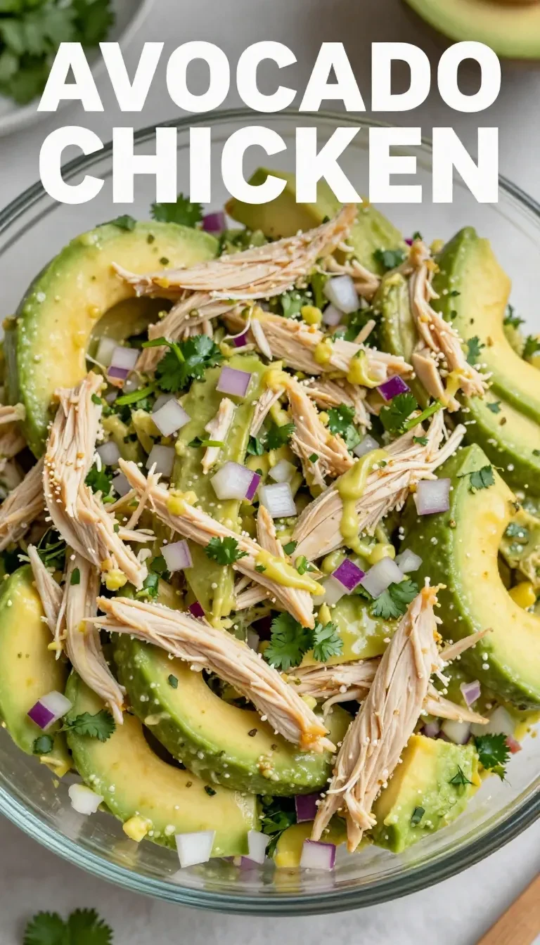 A bowl of fresh avocado chicken salad garnished with herbs